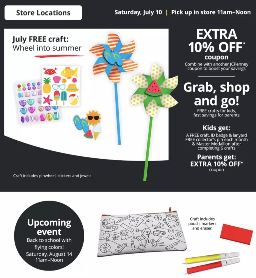 预告 Jcpenney 儿童免费手工活动并预告21年8月活动7月10日中午店内免费领取 北美省钱快报