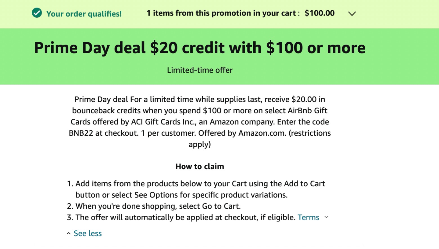 Amazon Airbnb 电子礼卡prime Day大促购 100或以上礼卡送 Credit 北美省钱快报