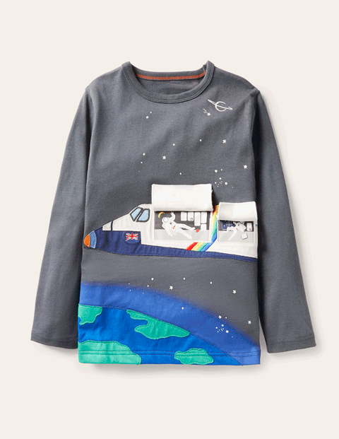 Boden儿童宇航飞机可翻开贴布绣T恤