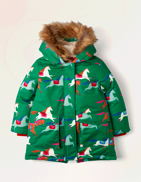 BodenCosy Waterproof Parka - Forest Green Horses | Boden US