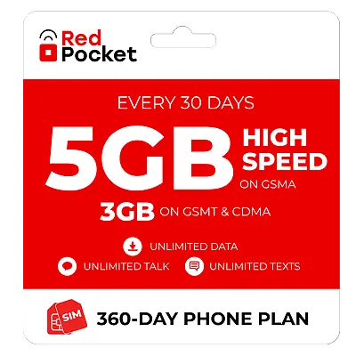 RedPocket 预付卡, 每月无限量通话短信流量+5GB高速流量