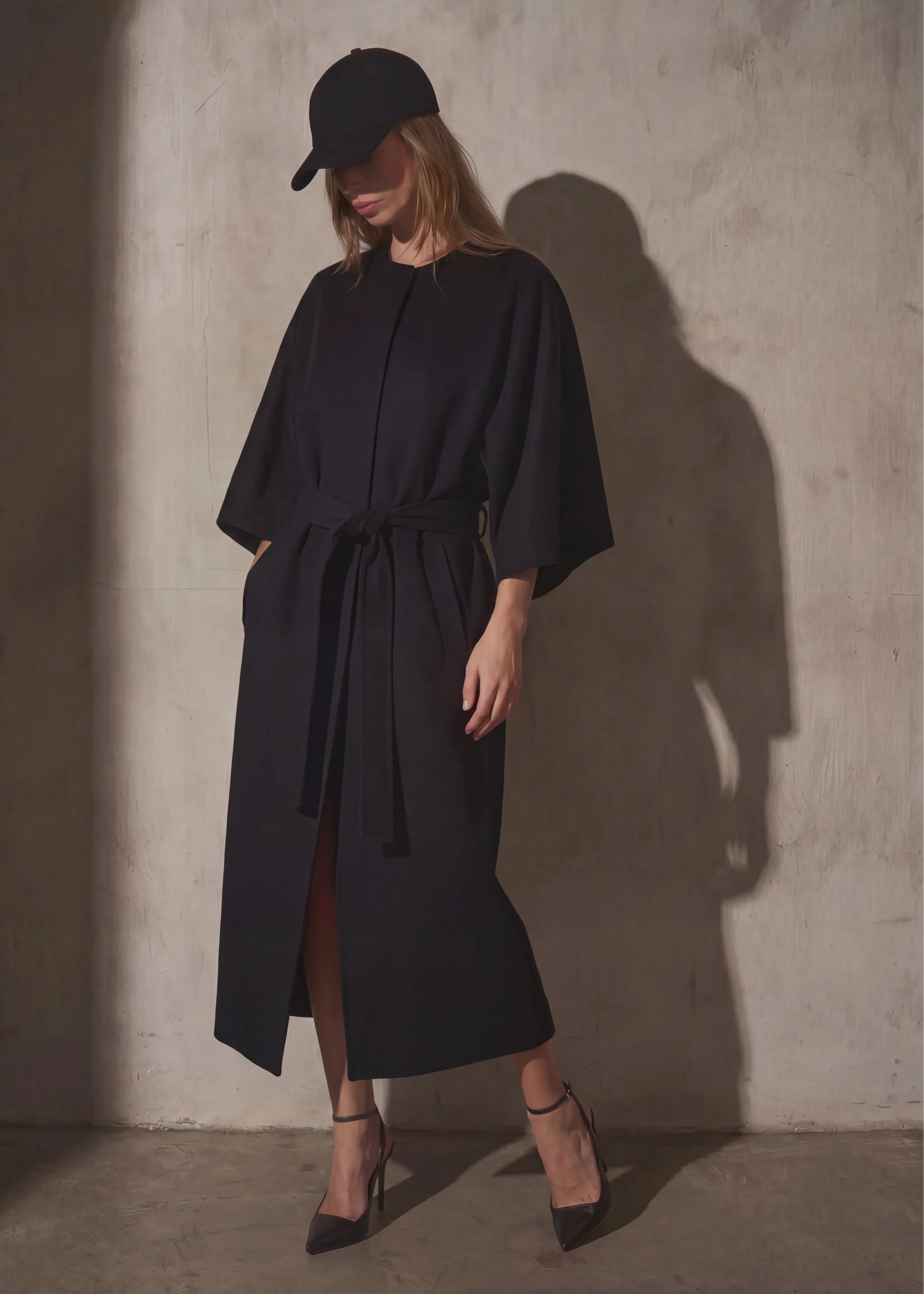 Collarless Cashmere Belted Coat